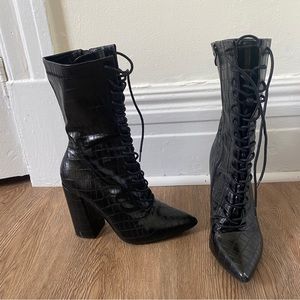 Nasty Gal Lace-Up Black Croc Heeled Boots